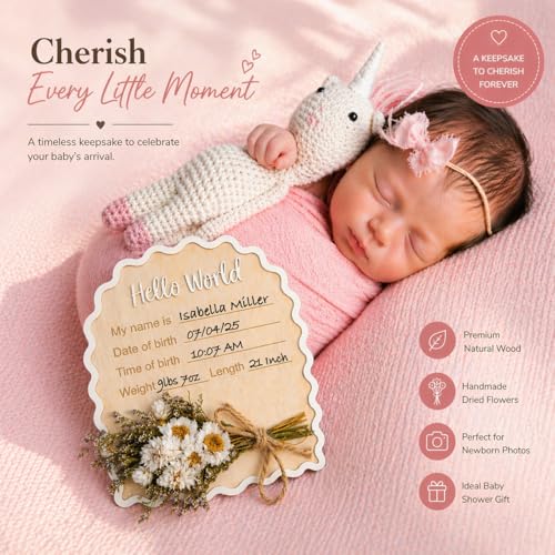 Wonhibo Daisy Newborn Announcement Sign - Baby Hospital Photo Prop Wooden Board Card with Real Pressed Flowers Hello World - color: Daisy Flower