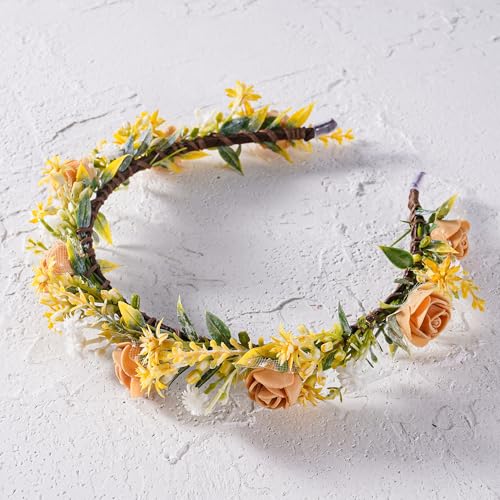 Yellow Flower Crown Headband - Rose Flower Headband Renaissance Fairy Floral Headpiece for Women Girls Weeding Birthday Party Cosplay Photo Prop - color: Yellow
