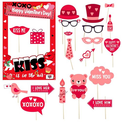 Valentine’s Day Photo Booth Props Frame, Love Heart Kiss Selfie Photobooth Props, Happy Valentine’s Day Photo Props for Wedding, Anniversary & Party Decorations