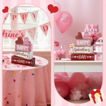Yuntau 5 Pcs Happy Galentines Day Decorations Wooden Hearts Table Centerpiece Happy Galentines Day Party Table Sign for Valentines Tiered Tray Desk Mantle Shelf Decor - style: Hearts