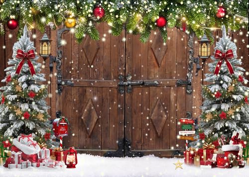 7X5FT Winter Christmas Rustic Barn Wood Door Photography Backdrop Xmas Tree Snow Background Banner for Family Holiday Party Decoration Supplies New Yeary Family Gathering Banner - size: 7x5ft