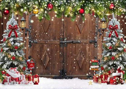 10X8FT Winter Christmas Rustic Barn Wood Door Photography Backdrop Xmas Tree Snow Background Banner for Family Holiday Party Decoration Supplies New Yeary Family Gathering Banner - size: 10x8ft