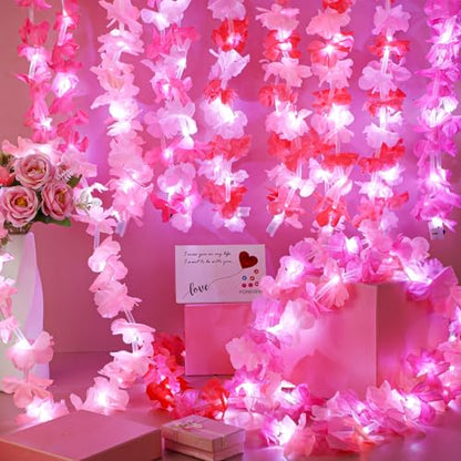 Sherr 24 Pcs LED Leis Light up Wedding Hawaiian Leis Flower Necklace with LED Lights Beach Tropical Carnival Party Wedding Supplies Luau for Masquerade(Pink Series) - color: Multi Pink