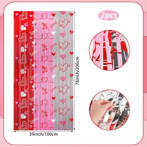 2PCS Valentines Foil Fringe Curtains Backdrop Valentines Party Decor Pink Red Silver Streamers Heart Shape Tinsel Foil Fringe Curtain for Valentine's Day Galentines Day Photo Props Wedding, 3.3x6.6ft - style: Heart