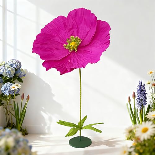 Giant Crepe Paper Flowers,5.8ft Large Paper Poppy Flowers with Base,Oversized Artistic Paper Floral Decor for Wedding,Photography Props (Puple Red, Standing Flower with Base 1 Piece) - color: Puple Red
