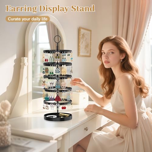 MODOWEY 5 Tier Rotating Earring Holder Organizer, Adjustable Display Tree with Metal Tray, 220 Holes Jewelry Rack for Pierced Stud Hoop Dangle, Large Capacity Space-Saving Stand for Women (Black) - color: Onyx Black, size: 5 Tier, 220 Holes