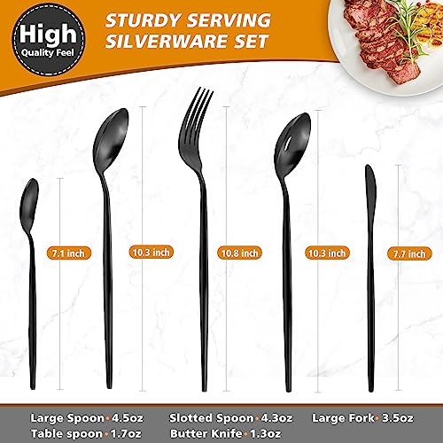 Matte Black Serving Set，Oliviola 5-Piece Stainless Steel Large Hostess Set with Round Edge, Satin Finished, Dishwasher Safe -Large Spoon, Large Fork,Butter Knife，Sugar Spoon & Slotted Spoon - color: Black, size: 5-piece