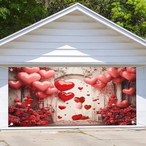 6X8ft Valentine's Day Photo Garage Door Cover Decoration Background Rose Wall Wedding Bridal Shower Decoration Backdrop Brick Wall Red Rose Love Heart Party Party Photo Props Banner Cover - color: Red2, size: 6X8