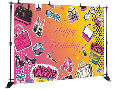 Happy Birthday Backdrop Girl Birthday Photography Background Lipstick Cosmetic High Heels Birthday Party Decorations Banner Photo Supplies Studio Props LHC138 7X5FT