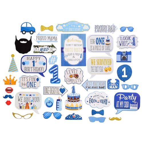 1st Birthday Boy Photo Booth Props - 41-pc Photobooth Kit with 8 x 10-Inch Sign, 60 Adhesive Pads, 45 Sticks - First Birthday Photo Kit