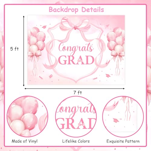 Pink Bow Graduation Party Decorations Backdrop Banner 7 x 5 ft Congrats Grad Background Photo Booth Prop Vinyl Pre-Punched Hole for Girl Class of 2026 Congrats Grad Congratulations Party - size: 7*5ft