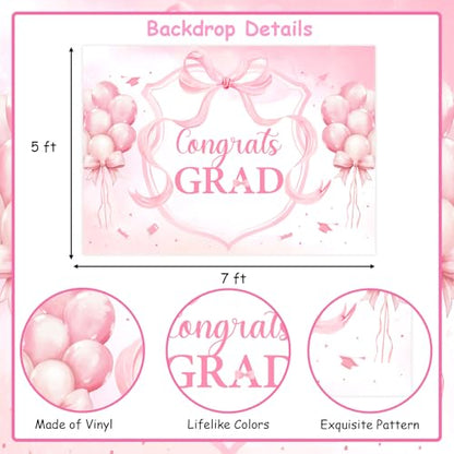 Pink Bow Graduation Party Decorations Backdrop Banner 7 x 5 ft Congrats Grad Background Photo Booth Prop Vinyl Pre-Punched Hole for Girl Class of 2026 Congrats Grad Congratulations Party - size: 7*5ft