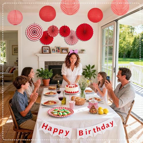 15 Pcs Red Gingham Party Decorations, 12 Inch Hanging Paper Lanterns and Fans for Picnic, BBQ, Pizza Party, Crawfish Boil, Birthday, Baby Shower, Graduation