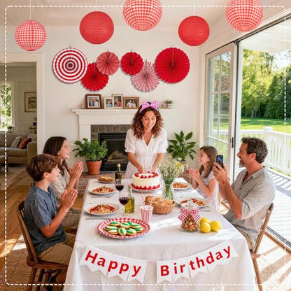 15 Pcs Red Gingham Party Decorations, 12 Inch Hanging Paper Lanterns and Fans for Picnic, BBQ, Pizza Party, Crawfish Boil, Birthday, Baby Shower, Graduation