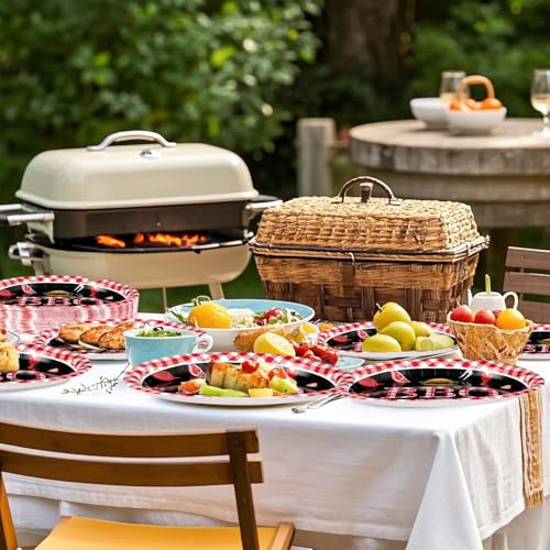 50 Pcs BBQ Party Supplies 10" × 12" Large Heavy Duty Red Gingham and Black BBQ Oval Paper Plates Disposable BBQ Birthday Party Plates for Summer Picnic Barbecue Baby Shower Birthday Party Decorations - style: 50Pcs Red Gingham BBQ Oval Plates