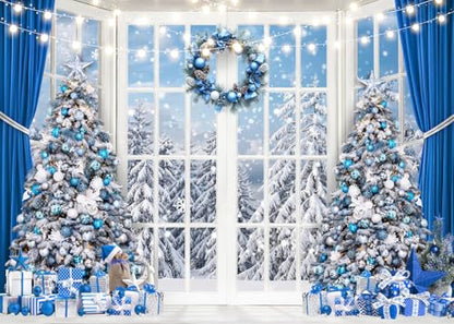10x8ft Blue Christmas Backdrop Christmas Window Photography Background Winter Snow Xmas Tree Forest Photo Backdrop Winter Party Decoration Banner X-465 - size: 10x8ft