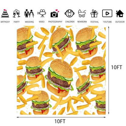 Hamburger French Fries Backdrop, 10x10ft, Fast Food Photograhy Background Birthday Party Supplies Burger Shop Decoration Banner Photo Booth Props BJOKPR0926 - size: 10x10