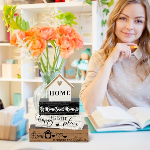 Geelin 4 Pcs Farmhouse Wooden Tabletop Decor Sweet Home Tiered Tray Decor Rustic Home Wood Sign Neutral Decorations for Wood Block Sign Coffee Shelf Desk Centerpiece Decoration - style: Home