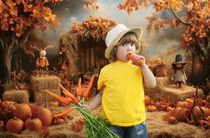 Fall Thanksgiving Backdrop 8x6ft Vinyl Autumn Pumpkin Maple Leaves Harvest Scarecrow Rustic Wood Door Photoshoot Photography Background Decorations Baby Birthday Portrait Studio Booth Props - size: 8X6FT