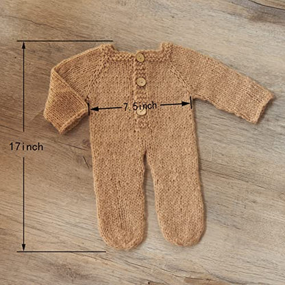 Zeroest Newborn Boy Photoshoot Outfits and Props Bear Bonnet with Footed Romper Infant Baby Photography Crochet Knitted Set - color: Khaki