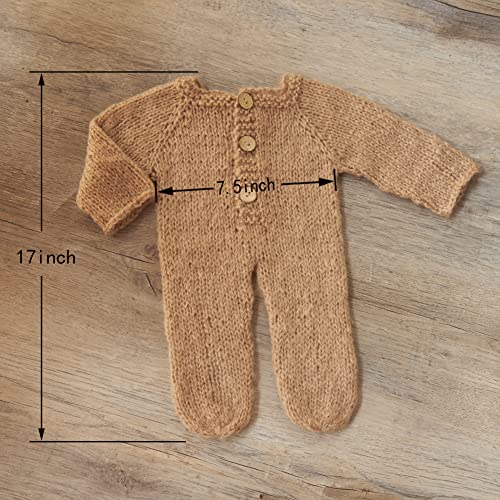 Zeroest Newborn Boy Photoshoot Outfits and Props Bear Bonnet with Footed Romper Infant Baby Photography Crochet Knitted Set - color: Khaki