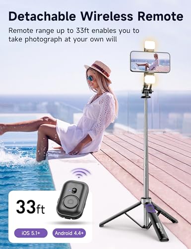 53'' Selfie Stick Tripod with Light, Extendable Selfie Stick with Remote, Portable Cell Phone Tripod Stand with All in 1 Phone Clip, Lightweight Camera Tripod Compatible with iPhone 17 16 15, Android - color: Black