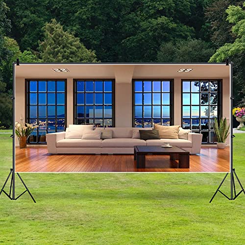 AOFOTO 15x8ft Business Office Window View Backdrop French Sash Modern Living Room Interior Sofa Casement Photography Background Work at Home Nightscape Wooden Floor Furniture Video Studio Props Vinyl - size: 15x8ft