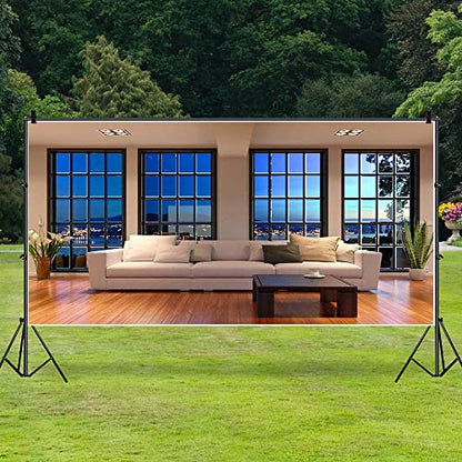 AOFOTO 20x10ft Business Office Window View Backdrop French Sash Modern Living Room Interior Sofa Casement Photography Background Work at Home Nightscape Wooden Floor Furniture Video Studio Props Vinyl - size: 20x10ft