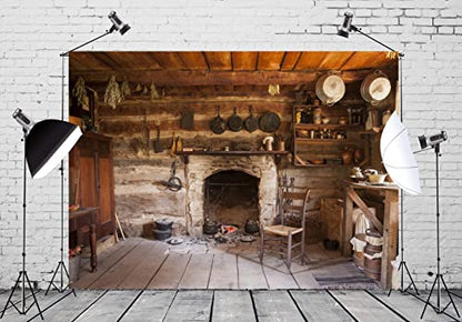BELECO 12x8ft Fabric Rustic Kitchen Backdrop Western Old Wooden House Kitchen Interior Background Rural Farmhouse Fireplace Cooking Utensils Cooking Background Farmers Cowboys Portrait Photo Props - size: 12x8FT
