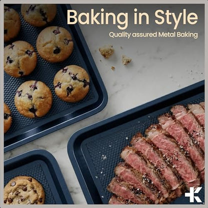 Diamond Bottom Cookie Sheet Set of 2, Nonstick Blue Carbon Steel Baking Pans for Crisp Baking, Space-Saving Stackable Trays, PFOA, PFOS, PTFE Free, Oven Safe Up to 450°F, Small & Medium Pans - color: Blue, size: Pack of 2