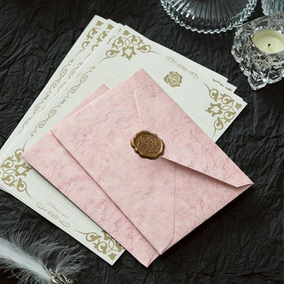 48 Pcs Stationery Set with Envelopes (24 White Kraft Paper Sheets +12 Marble Texture Envelopes+12+Wax Seal Stickers), Premium Stationery Letter Writing Paper Set for Party Invitations (Pink) - color: Pink