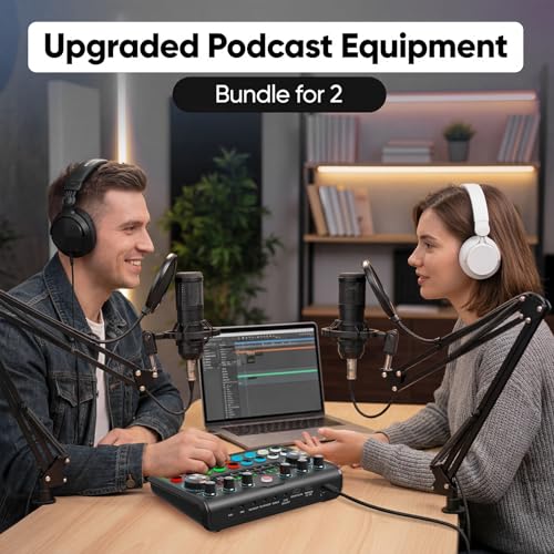 Podcast Equipment Bundle with Dual Condenser Microphones, Audio Interface Mixer Sound Board, Boom Arms, Pop Filters & Cables, Recording Studio Kit for Streaming, Gaming, Voice Over