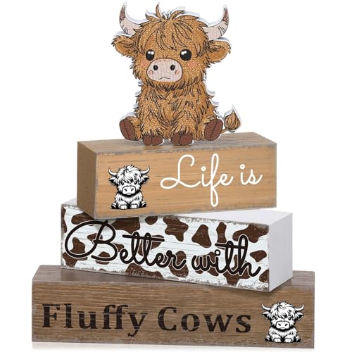 Geelin 4 Pcs Highland Cow Table Decorations Cow Wooden Signs Rustic Tiered Tray Decor Western Tabletop Centerpieces Farmhouse Highland Decor for Home Desk Room Kitchen Shelf - style: Cattle