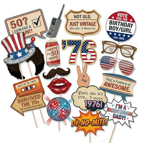 50th Birthday Photo Booth Props (20 Pcs) - 1976 Bicentennial Theme Decorations - Funny Retro 70s & Patriotic Party Supplies - Birthday Favors for Men & Women Turning 50 in 2026