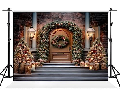 Kate 10×10ft Christmas Backdrop Photography Xmas Empty Room Brown Door Christmas Tree Wreath Decoration Background Studio Props for Family Gathering Photo Video