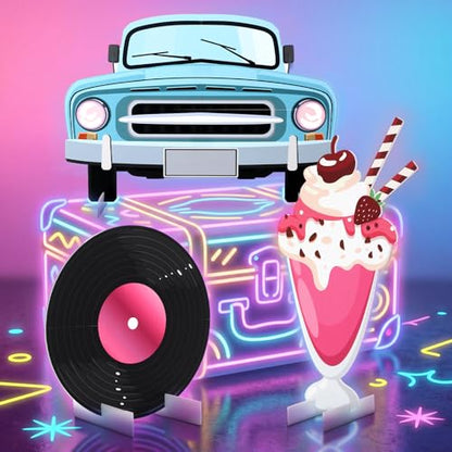 Soulchen 3 Pcs Large 50s Photo Booth Props Party Decorations Retro Car Soda Cup Record Disc Cardboard Cutout 50s Photo Backdrop Sign Birthday Decorations for Rock and Roll 1950s Party Supplies - style: 50s