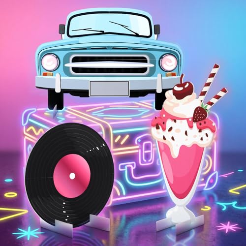 Soulchen 3 Pcs Large 50s Photo Booth Props Party Decorations Retro Car Soda Cup Record Disc Cardboard Cutout 50s Photo Backdrop Sign Birthday Decorations for Rock and Roll 1950s Party Supplies - style: 50s