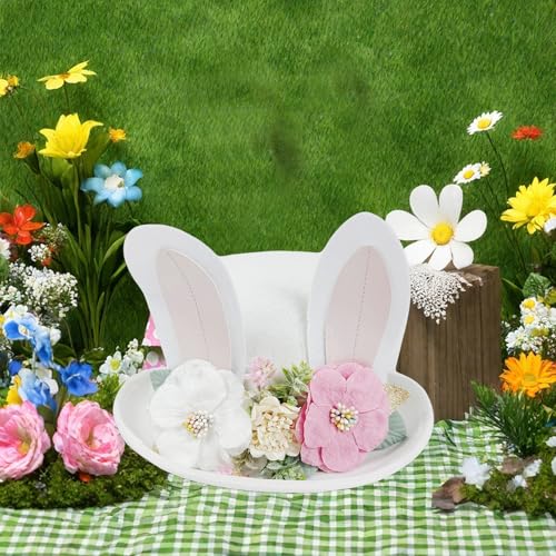 Cute Easter Bunny Ear Top Hat for Adults Rabbit Ears Cosplay Bucket Hat with Artificial Flower Costume Accessory - color: White