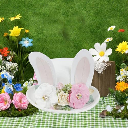 Cute Easter Bunny Ear Top Hat for Adults Rabbit Ears Cosplay Bucket Hat with Artificial Flower Costume Accessory - color: White