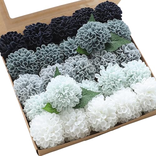 Floroom Artificial Dahlia Flowers 25pcs Real Looking Blue Shades Foam Fake Roses with Stems for DIY Wedding Bouquets Bridal Shower Centerpieces Floral Arrangements Party Tables Home Decoration - color: Shades of Blue