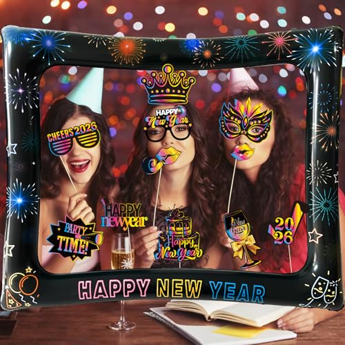 2026 New Year Photo Booth Inflatable Frame Kit, 30Pcs Colorful Neon New Years Photo Booth Props with Inflatable Picture Frame for New Year Eve Party Selfie Props Supplies - color: Colorful