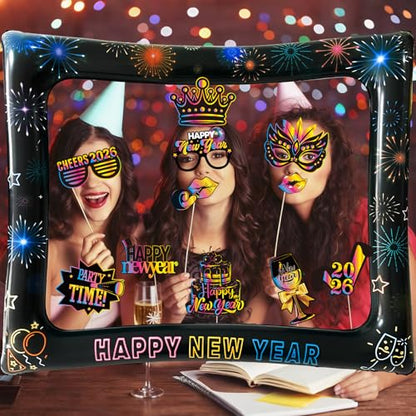 2026 New Year Photo Booth Inflatable Frame Kit, 30Pcs Colorful Neon New Years Photo Booth Props with Inflatable Picture Frame for New Year Eve Party Selfie Props Supplies - color: Colorful