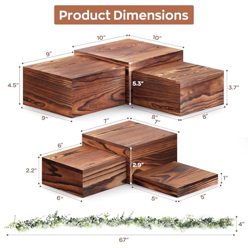 6 PCS Wooden Buffet Risers, Wood Display Risers for Food, Wooden Square Risers Display Stands, Food Risers for Buffet Table (10", 9" , 8", 7", 6", 5") with 67" Faux Greenery Vine
