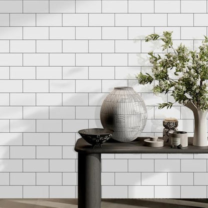 Vamos Tile 100-Piece Glossy Pure White Peel and Stick Backsplash Tile,3''x6'' PVC Subway Tile with Dark Gray Grout,Stick on Backsplash for Kitchen/Bathroom/Fireplace - color: Pure White