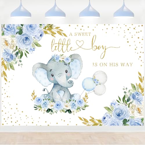 InMemory Cute Elephant Baby Shower Backdrop Watercolor Flower It's A Boy Oh Baby Shower Party Decorations Photography Background Floral Little Peanut is On The Way Wall Banner 7x5ft - color: Blue Gold, size: 7x5ft