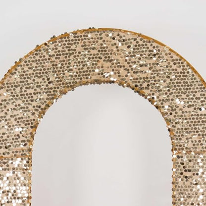 8 feet Gold Big Payette Sequin Fitted Double-Sided U-Shaped Wedding Arch, Round Top Chiara Stand Cover, Spandex Shimmer Tinsel Open Arch Backdrop Stand Cover Wedding Party Reception Decorations