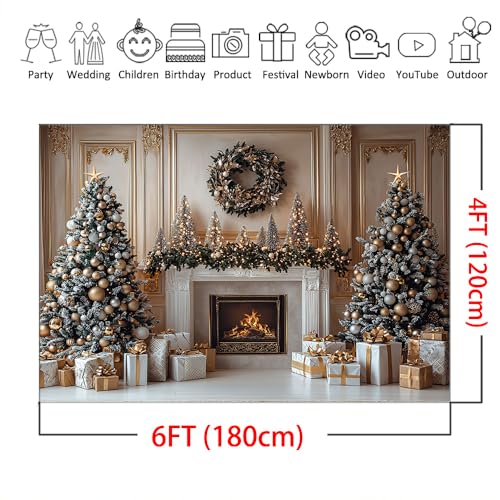 Mocsicka Christmas Fireplace Backdrop Gold Christmas Tree Fireplace Background Photography Decorations Christmas Eve Background Photo Props (6x4ft) - size: 6x4ft