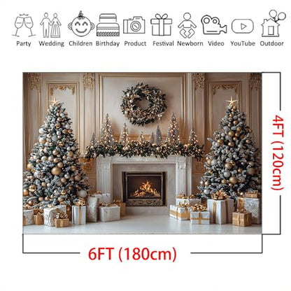 Mocsicka Christmas Fireplace Backdrop Gold Christmas Tree Fireplace Background Photography Decorations Christmas Eve Background Photo Props (6x4ft) - size: 6x4ft