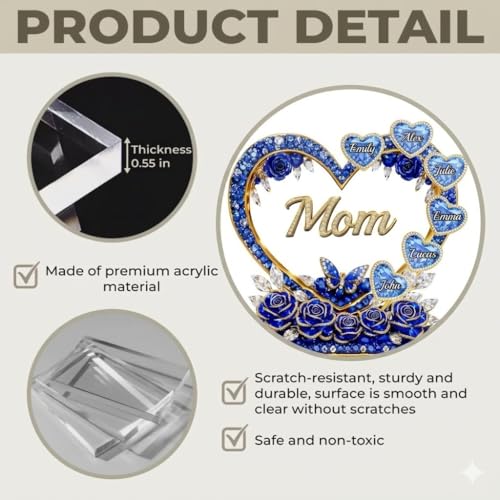 LOVELYPOD Custom Mom Heart With Crystal Roses 2D Acrylic Plaque, Personalized Grandma Plaque with Grandkid Names, Mama Gift from Son Daughter, Birthday Mother's Day Mom Gift, Family Home Decor - color: Design #4
