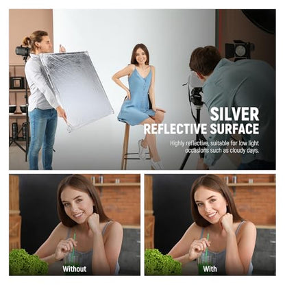 NEEWER Light Diffusion Panel Scrim Kit with Silver/White Reflector Film 35"x35" Foldable Frame with 5/8" Baby Pins Handle for C Stand 3 in 1 Diffuser for Studio Portrait Product Photography, SF9090F - size: 35"x35"